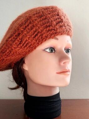 Vintage Knitted Beret, Mohair Wool & Suede